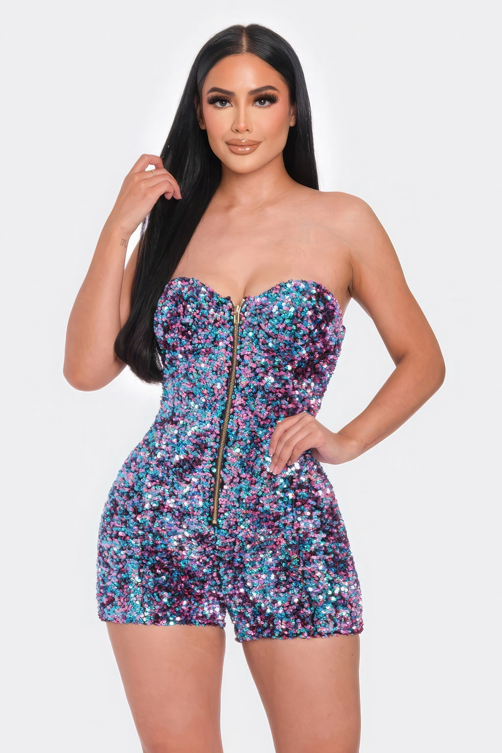Multi Sequins Tube Top Romper - Mermaid Blue