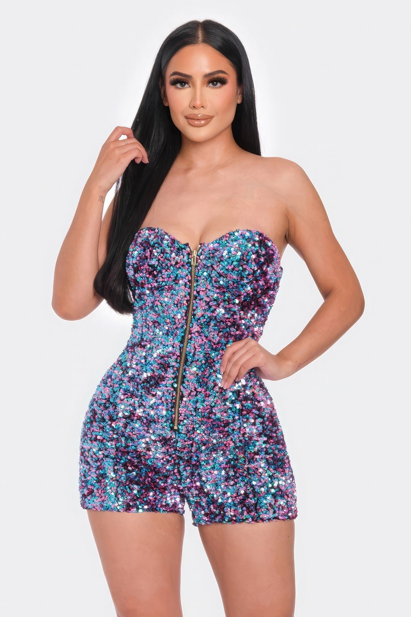 Multi Sequins Tube Top Romper - Mermaid Blue