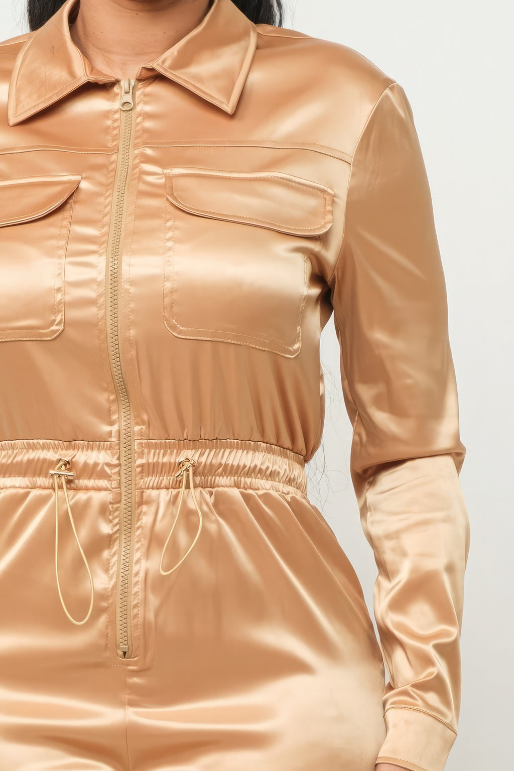 Front Zipper Pockets Top And Pants Jumpsuit - Gold