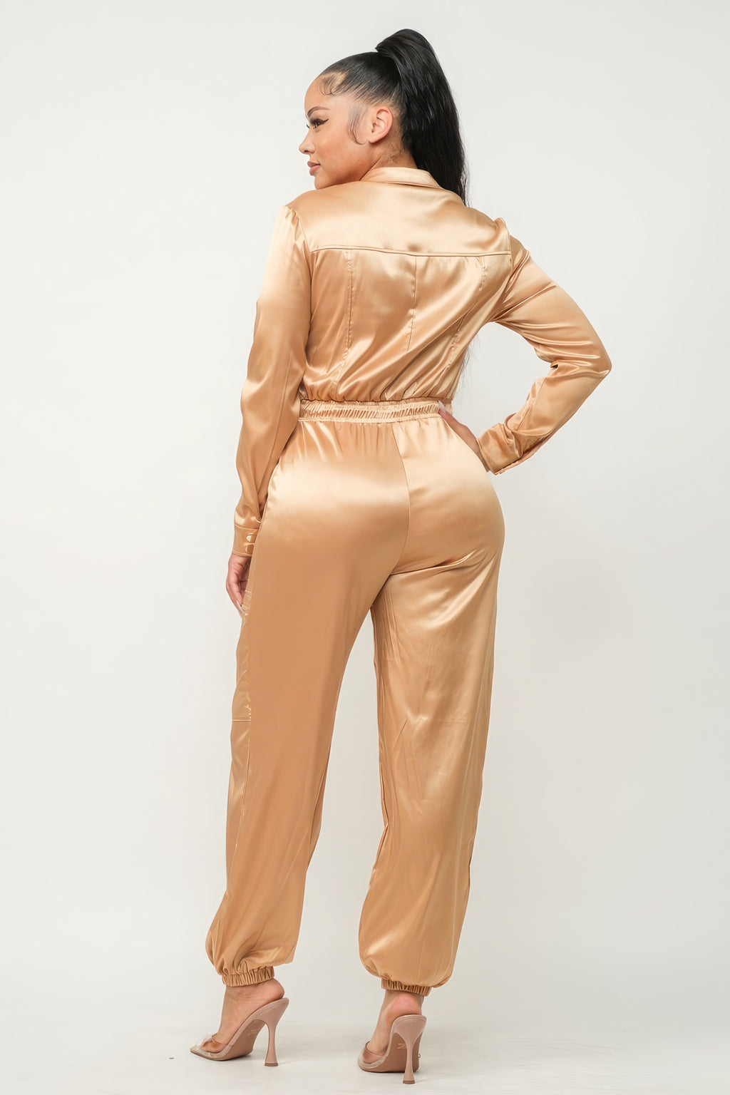 Front Zipper Pockets Top And Pants Jumpsuit - Gold