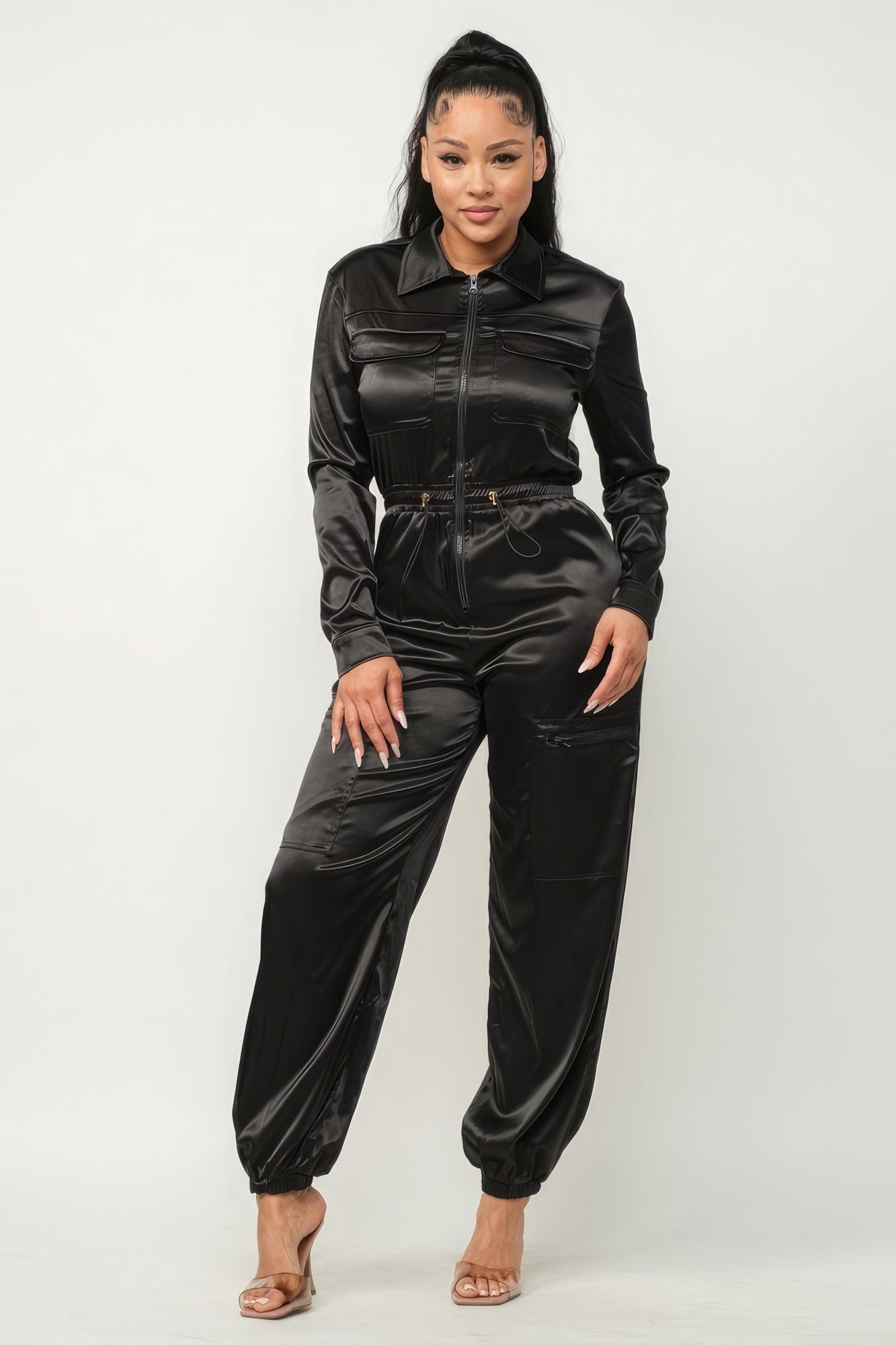 Front Zipper Pockets Top And Pants Jumpsuit - Black