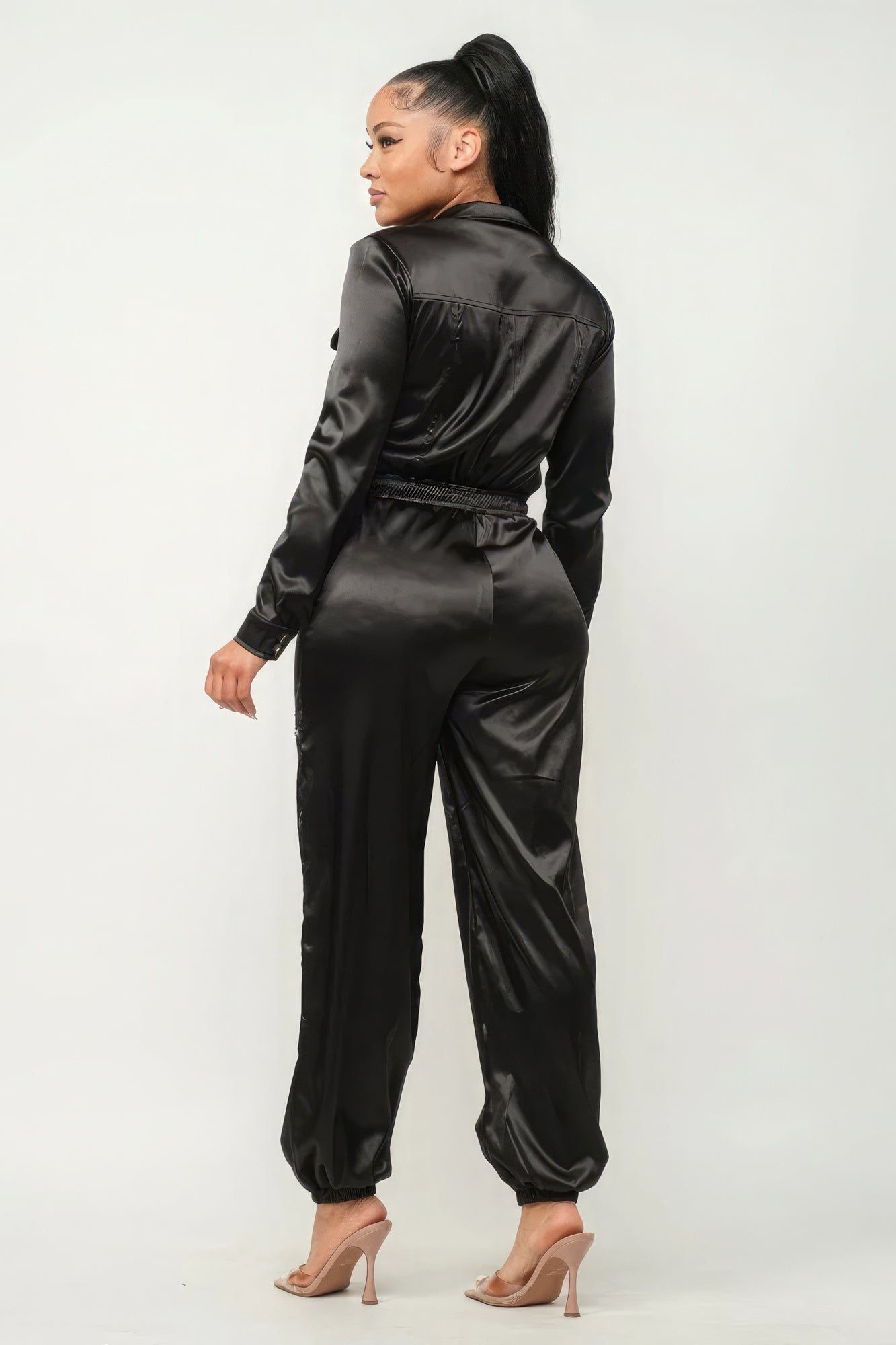 Front Zipper Pockets Top And Pants Jumpsuit - Black