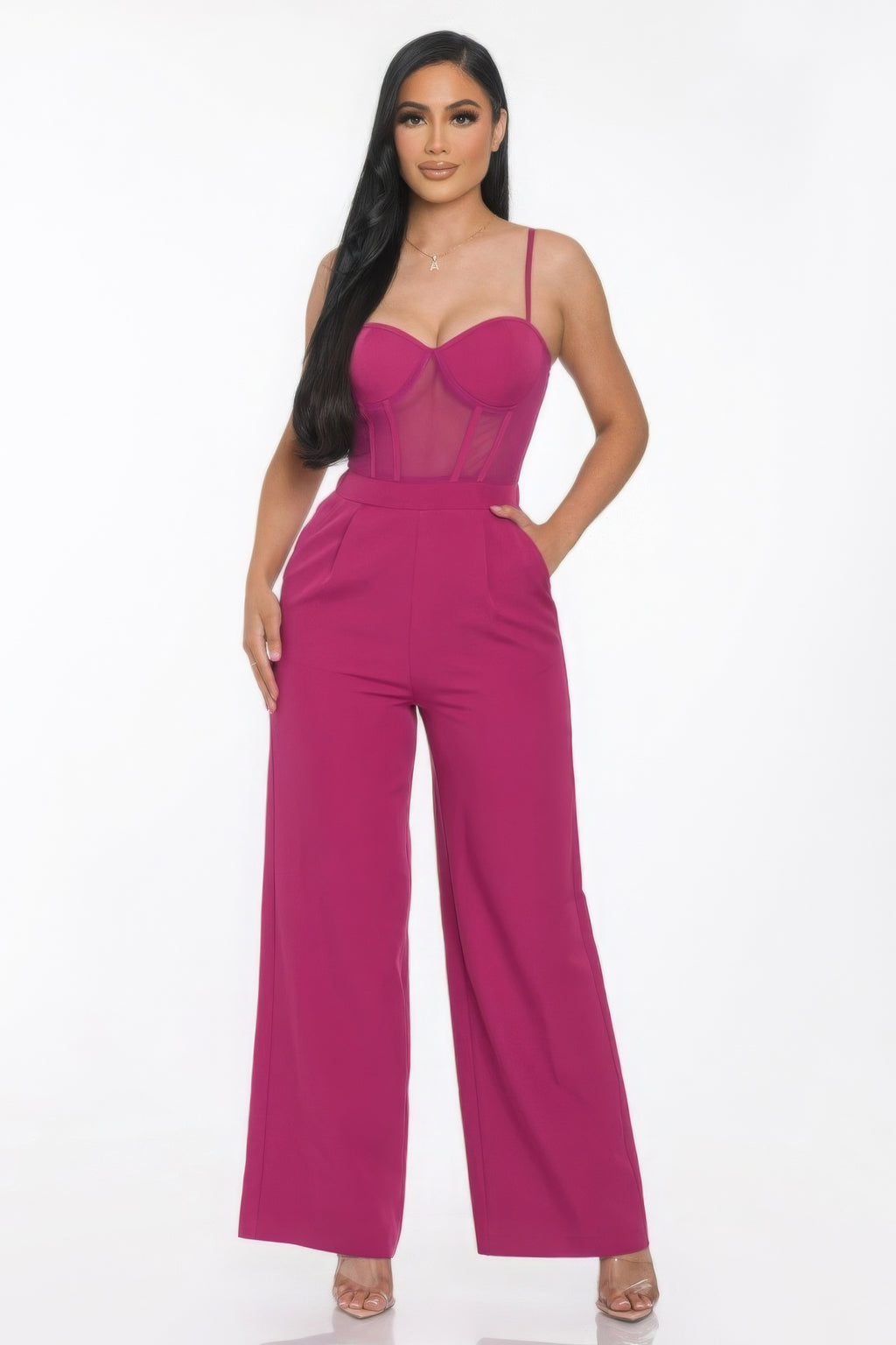 Mesh Insert Cup Wide Leg Jumpsuit - Magenta