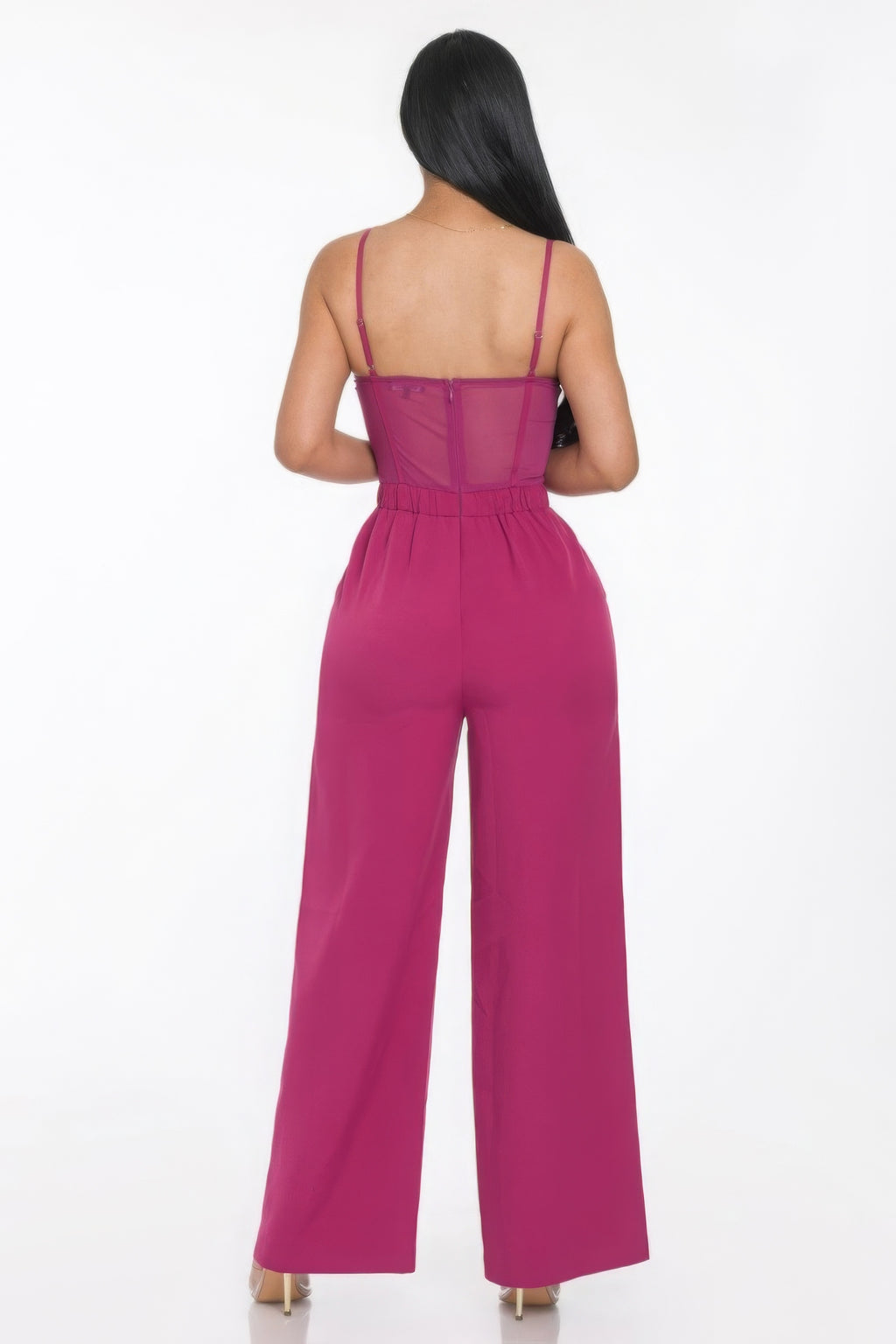Mesh Insert Cup Wide Leg Jumpsuit - Magenta