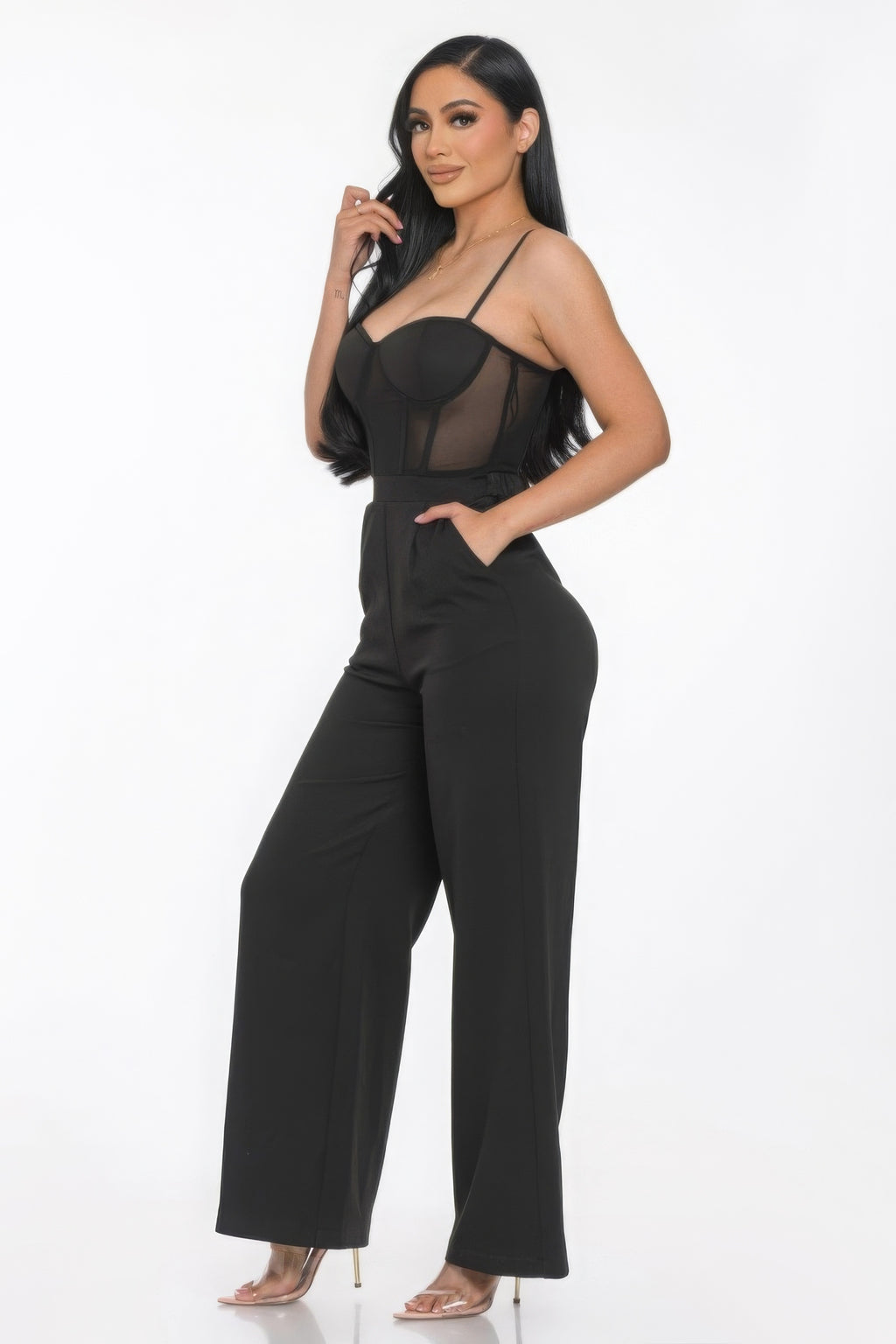 Mesh Insert Cup Wide Leg Jumpsuit - Black