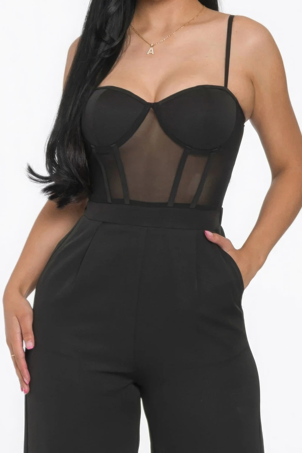 Mesh Insert Cup Wide Leg Jumpsuit - Black