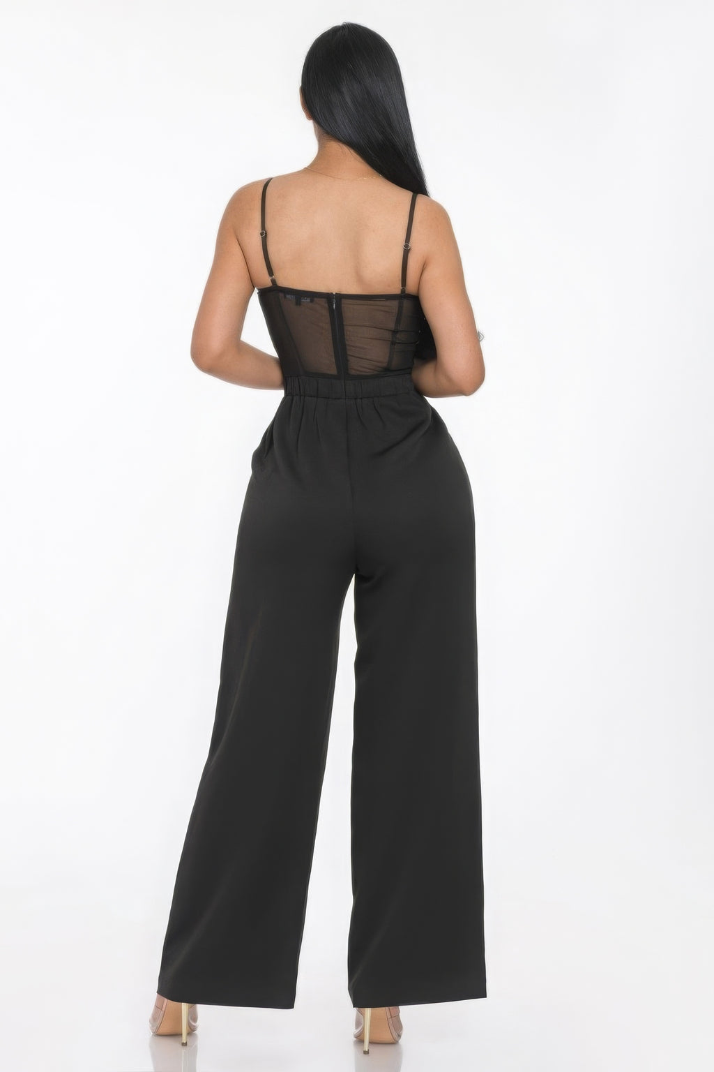 Mesh Insert Cup Wide Leg Jumpsuit - Black