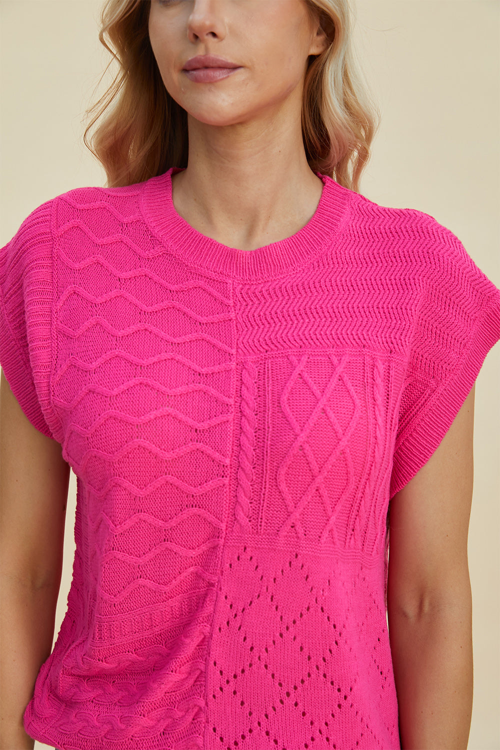 Suéter de cuello redondo y manga corta de punto trenzado de Double Take | Tallas grandes | S - XL | 2XL - 3XL | 5 COLORES
