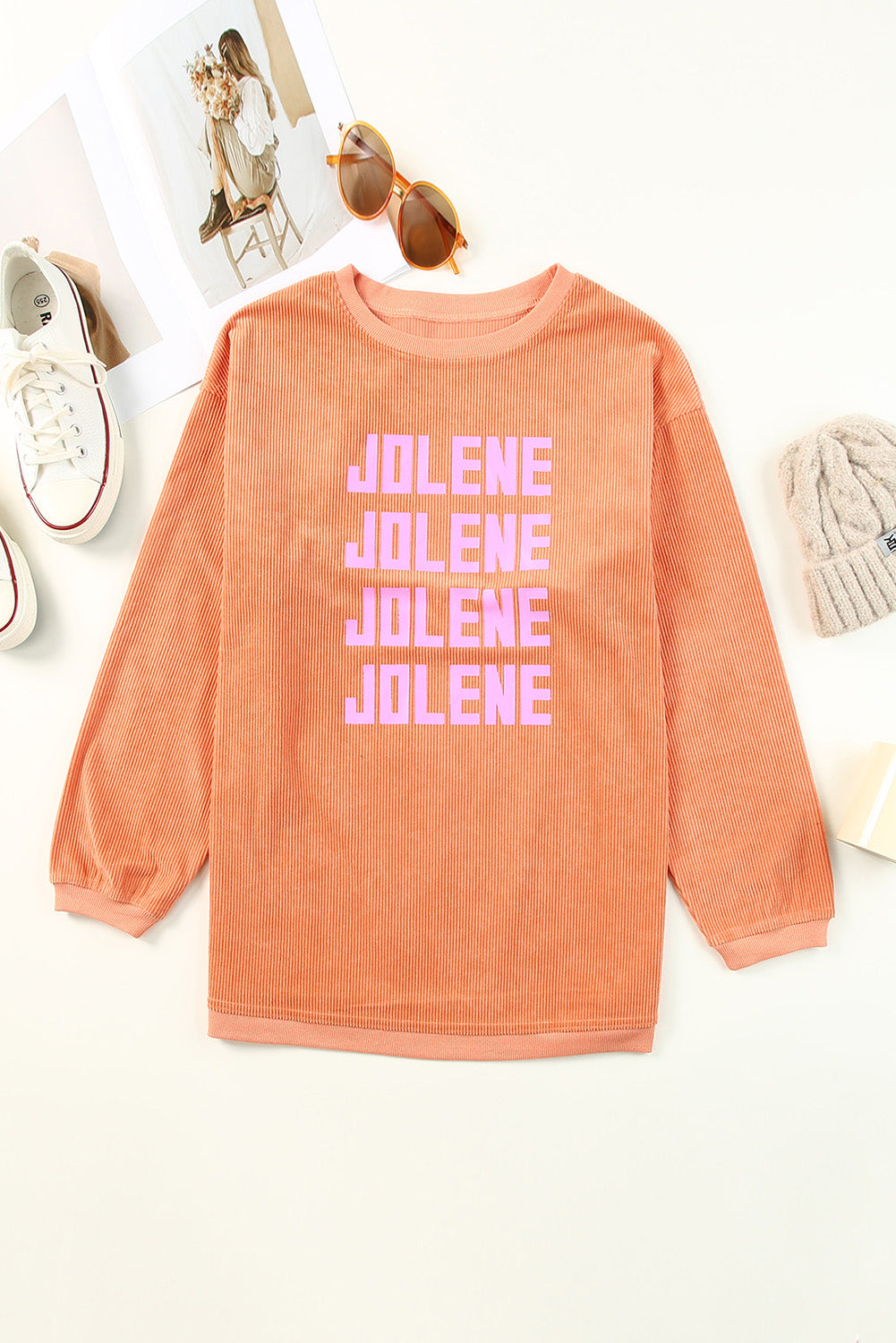 Orange Jolene Letter Print Ribbed Oversized Sweatshirt
