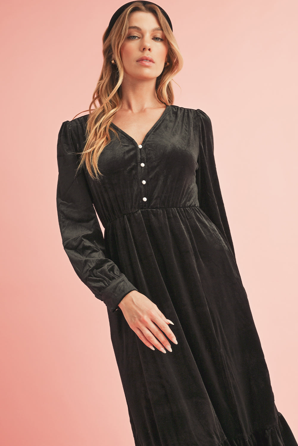 Black Velvet Buttoned Puff Sleeve V Neck Split Midi Dress