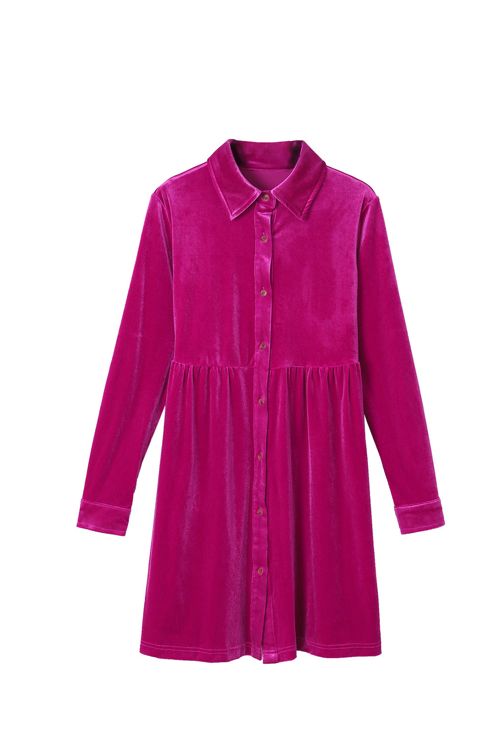 Rose Long Sleeve Ruffle Velvet Button Up Shirt Dress