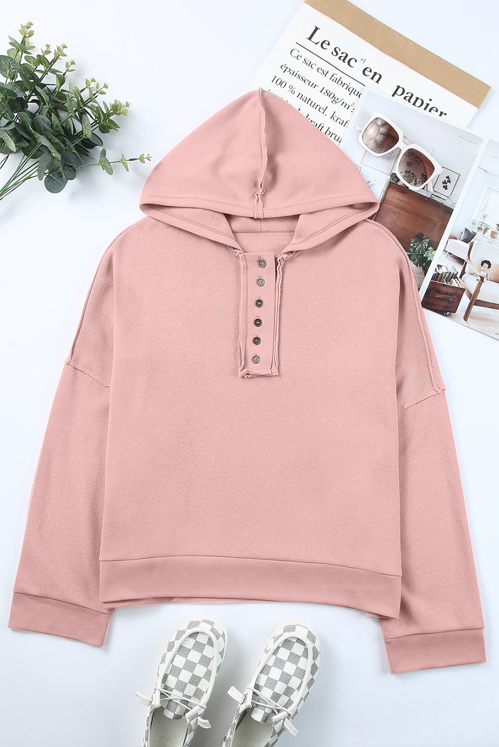 Black Solid Color Button Front Basic Pullover Hoodie