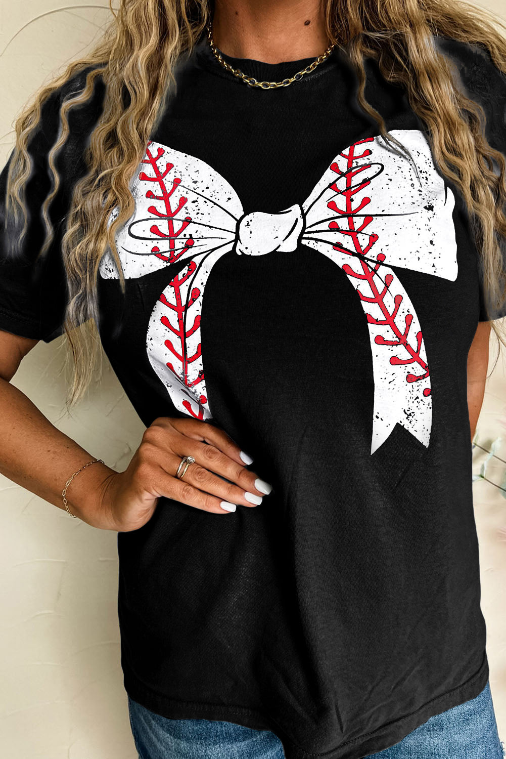 Gray Casual Softball Bowknot Graphic Roll Up Sleeve Tee