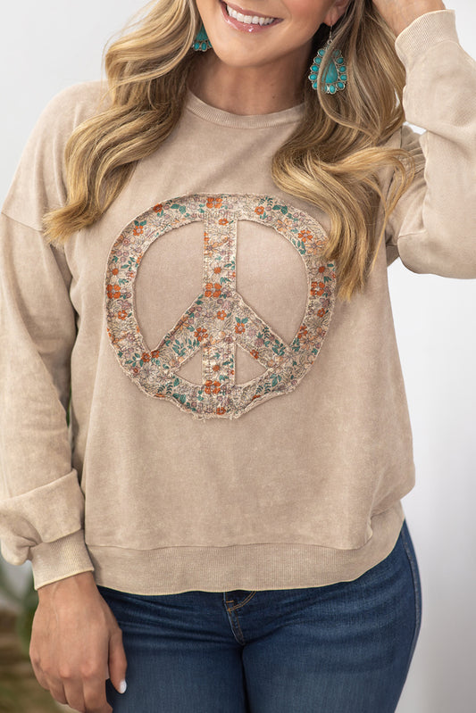 Pale Khaki Floral Peace Patchwork Washed Plus Size Sweatshirt