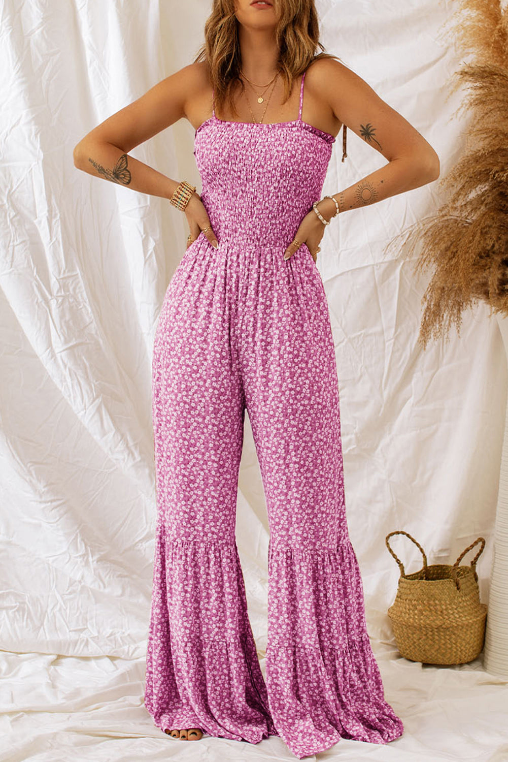 Dusk Blue Floral Print Spaghetti Straps Smocked Wide Leg Jumpsuit | S - 2XL | 4 COLORS