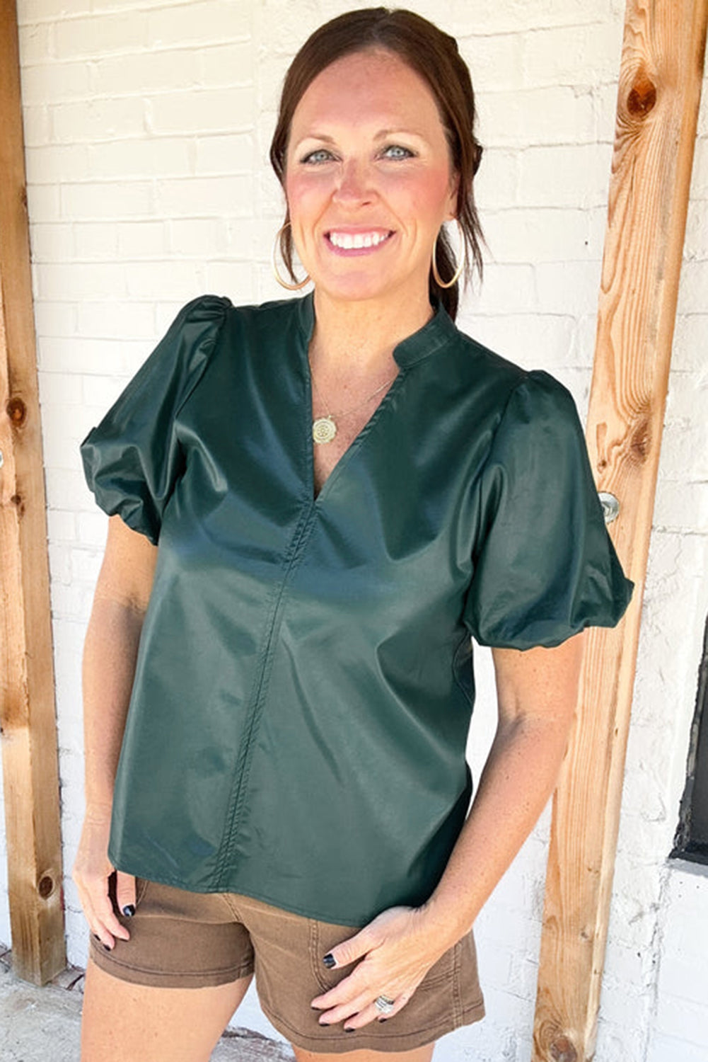 Sea Green Solid Color V-Neck Puff Sleeve Blouse