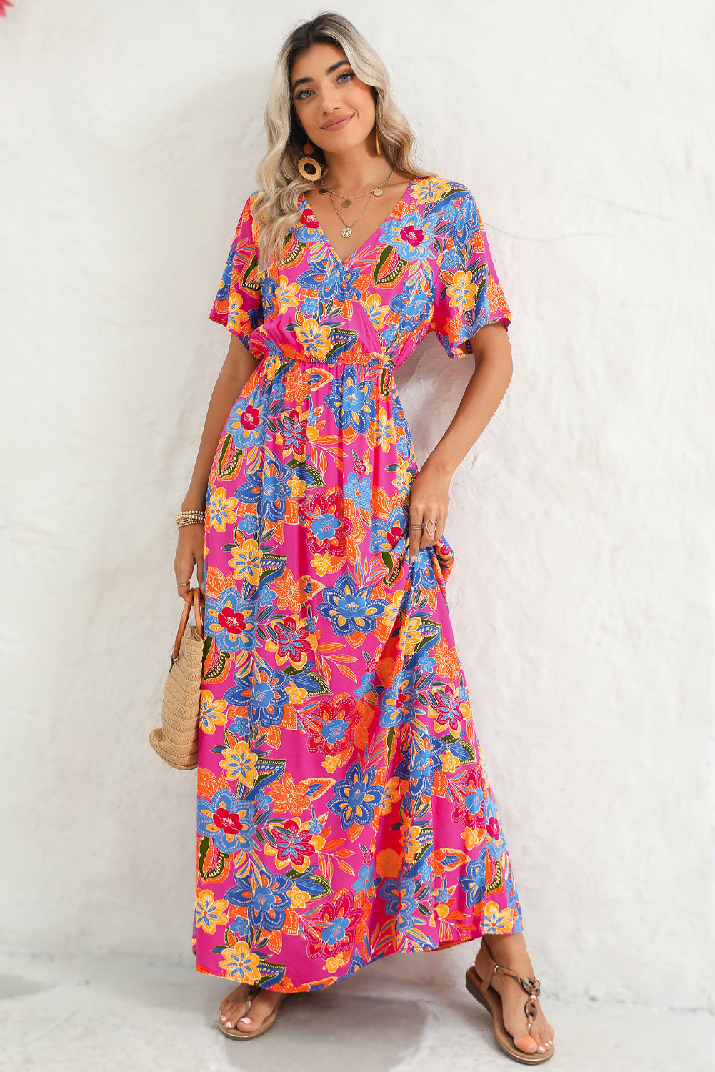 Abstract Botanic Print Wrap V Neck Short Sleeve Maxi Dress