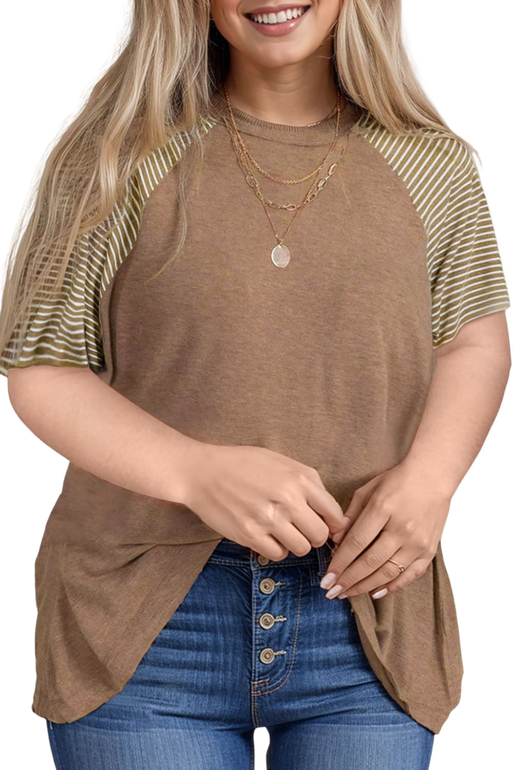 Camiseta de cuello redondo con mangas raglán y rayas beige claro en talla grande