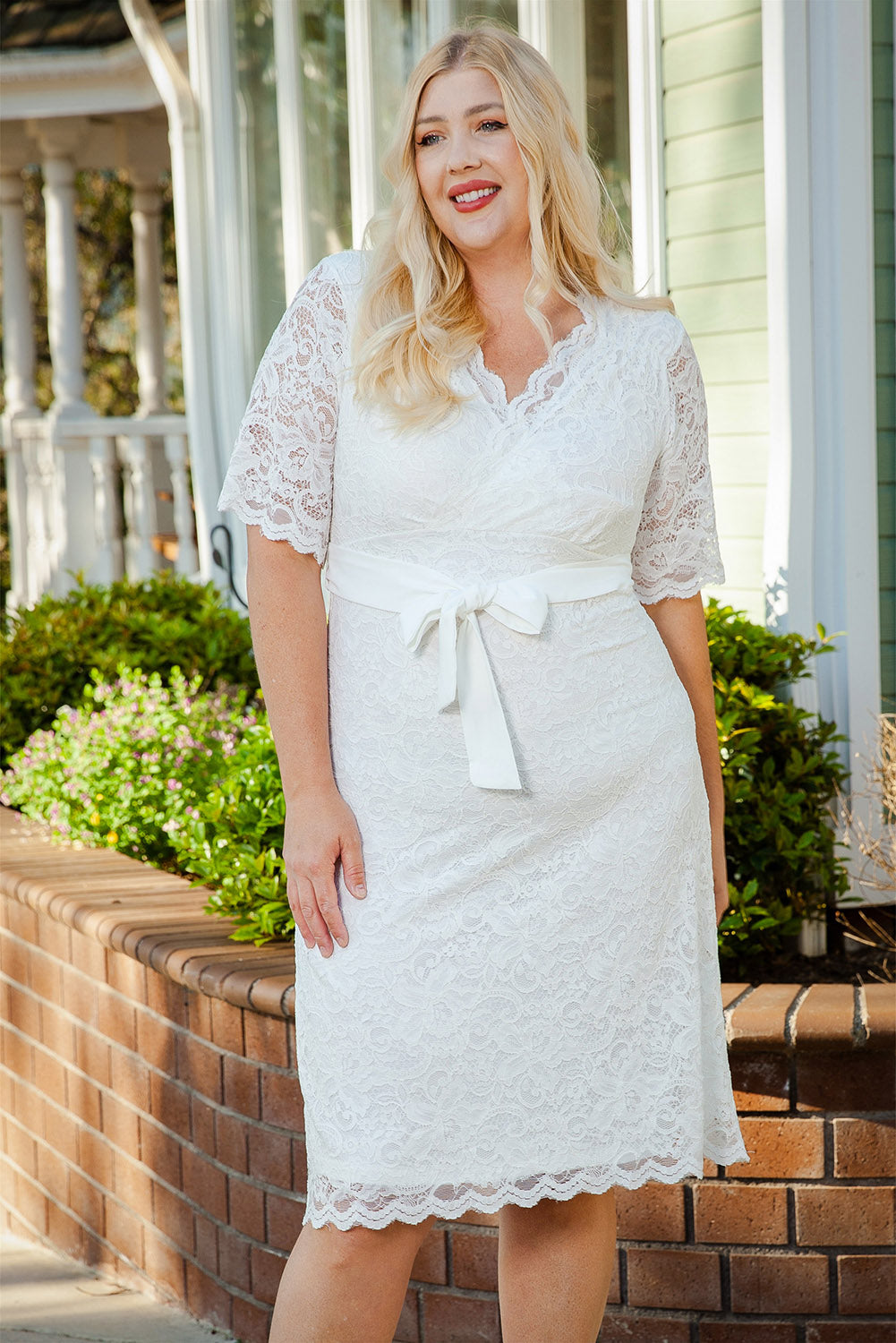 White Scalloped Lace Wrap V Neck Plus Size Dress