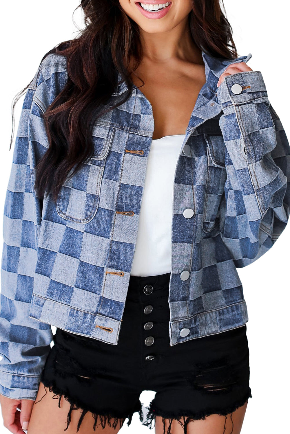 Black Checkered Patchwork Button up Denim Jacket