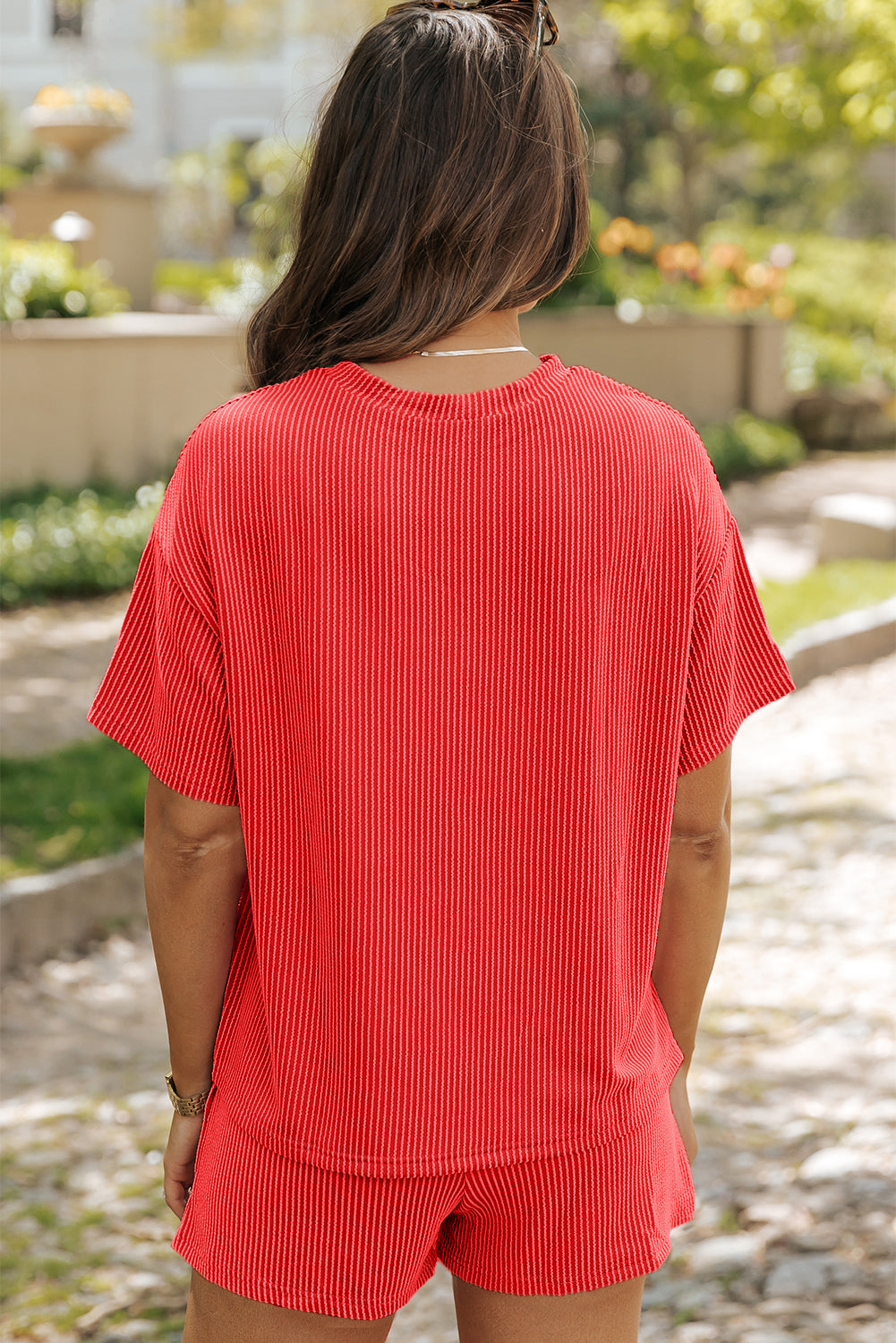 Conjunto de camiseta y pantalones cortos holgados de punto texturizado acanalado