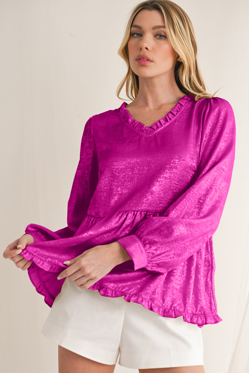 Gold Metallic Frill V Neck Puff Sleeve Babydoll Blouse