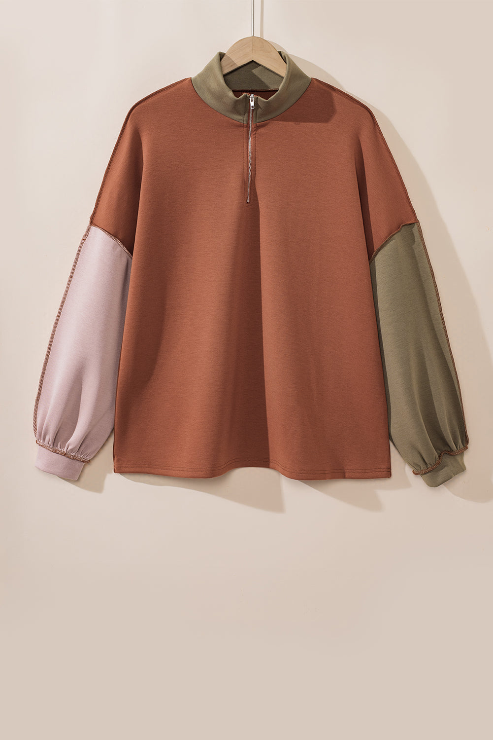 Sudadera con cremallera de un cuarto y costuras expuestas en bloques de color de talla grande Gold Flame
