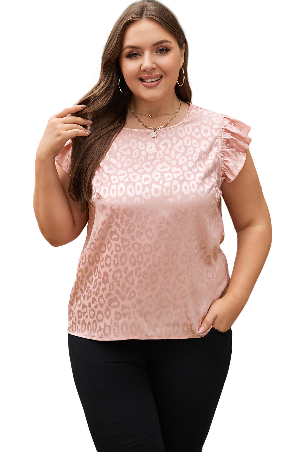 Blusa de satén con volantes y mangas onduladas con estampado de leopardo en talla grande en color rosa