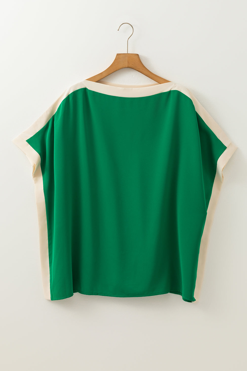 Green Colorblock Batwing Sleeve Boat Neck Blouse