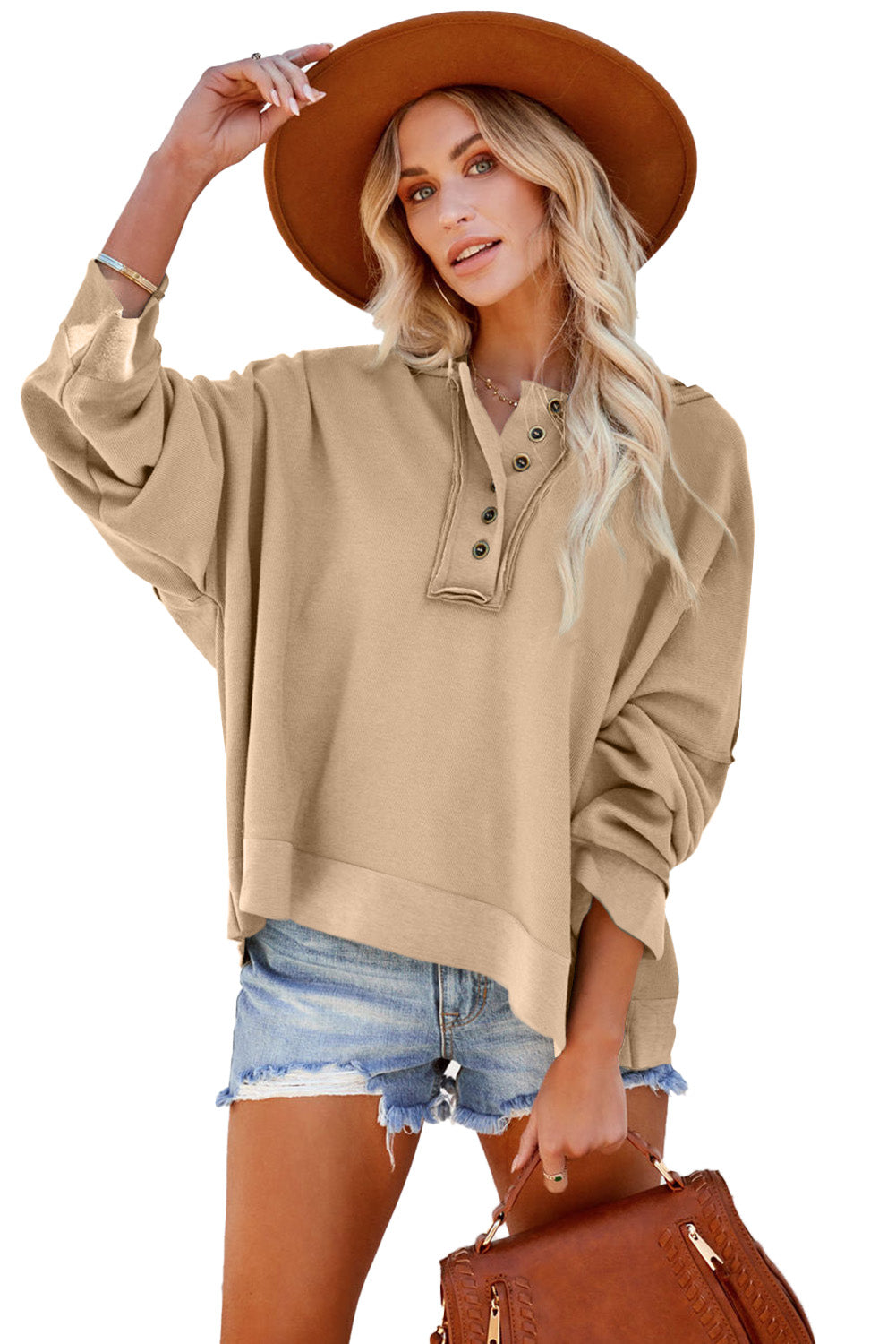 Black Solid Color Button Front Basic Pullover Hoodie