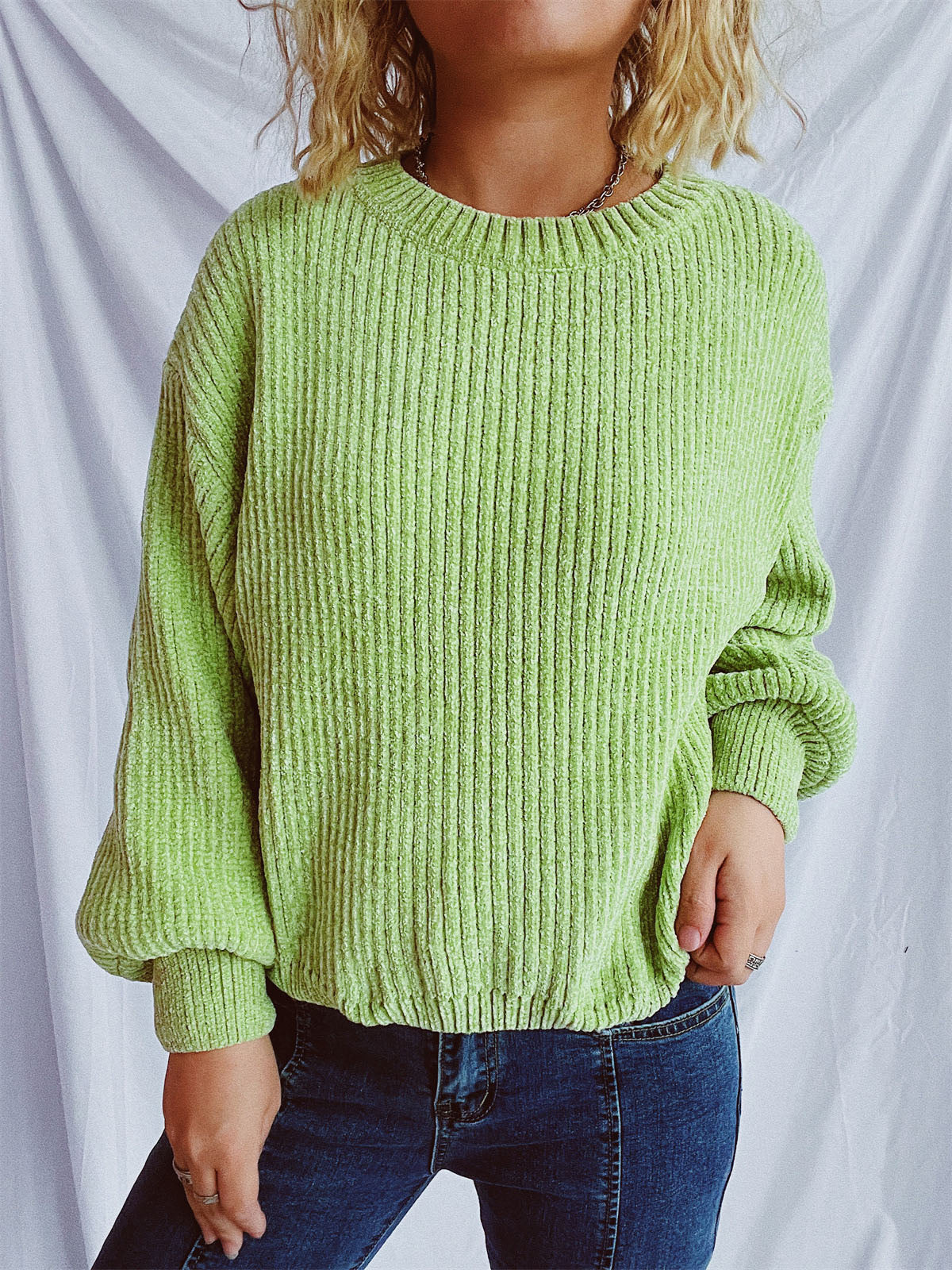 Round Neck Dropped Shoulder Chenille Long Sleeve Sweater