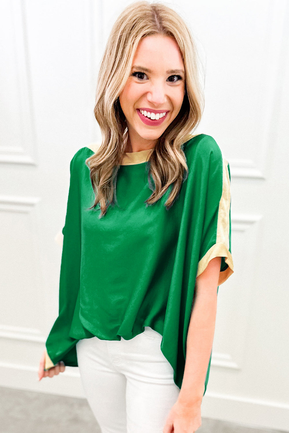 Green Colorblock Batwing Sleeve Boat Neck Blouse