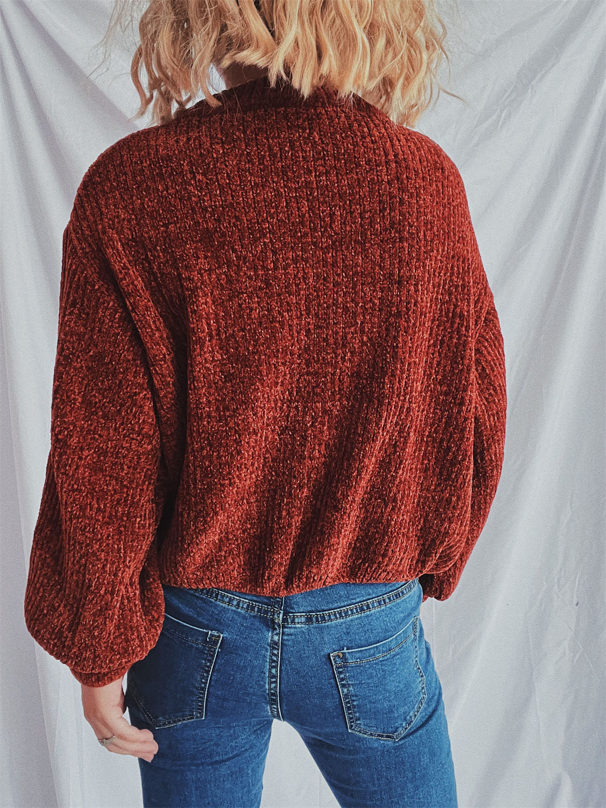 Round Neck Dropped Shoulder Chenille Long Sleeve Sweater