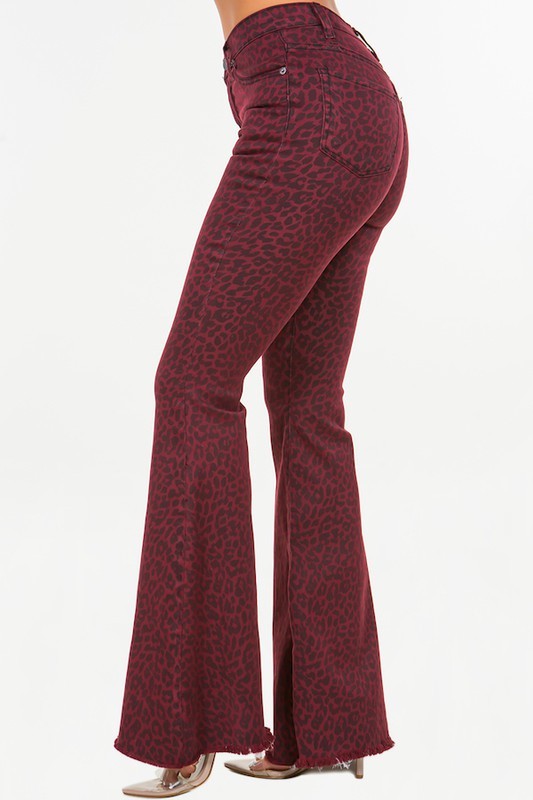 Leopard Bell Bottom Jean in Burgundy- Inseam 32