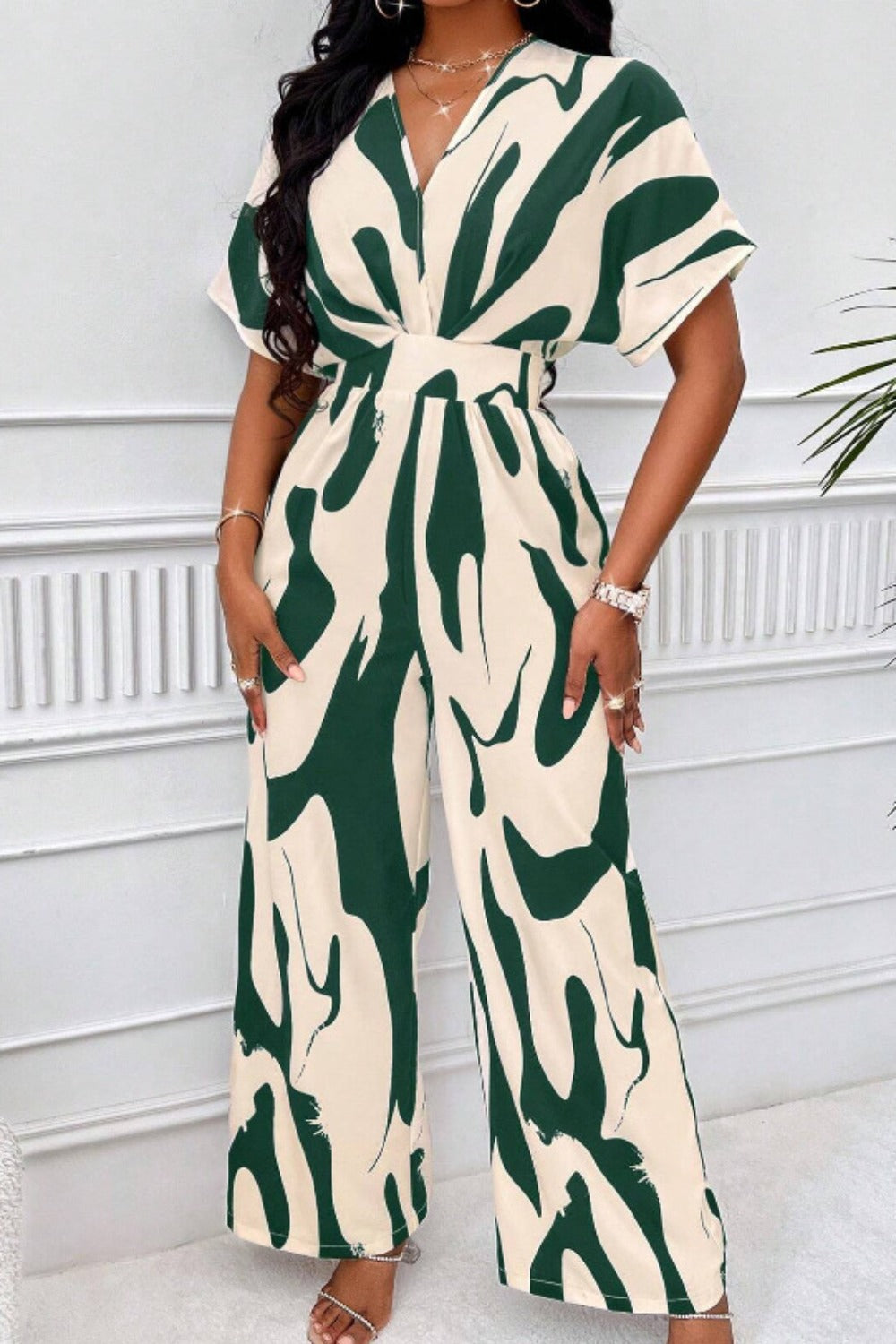 Printed V-Neck Short Sleeve Wide Leg Jumpsuit | S - 2XL | 4 COLORS