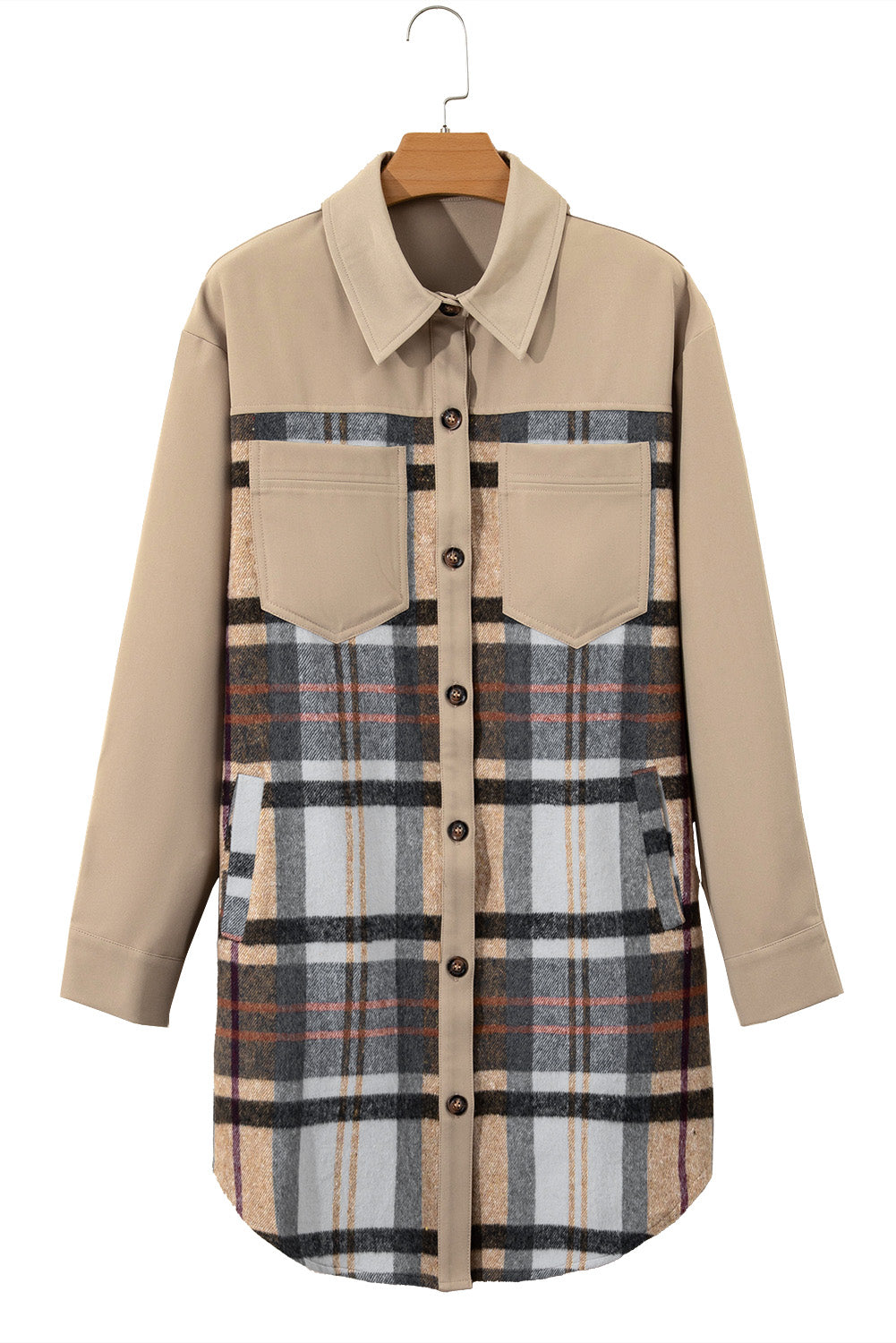 Khaki Plaid Patchwork Long Sleeve Jacket