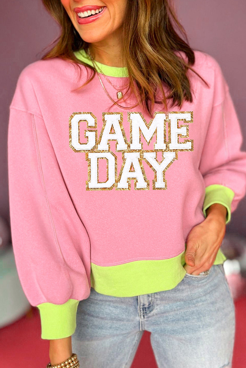 Sudadera con cuello redondo y bloques de color rosa GAME DAY