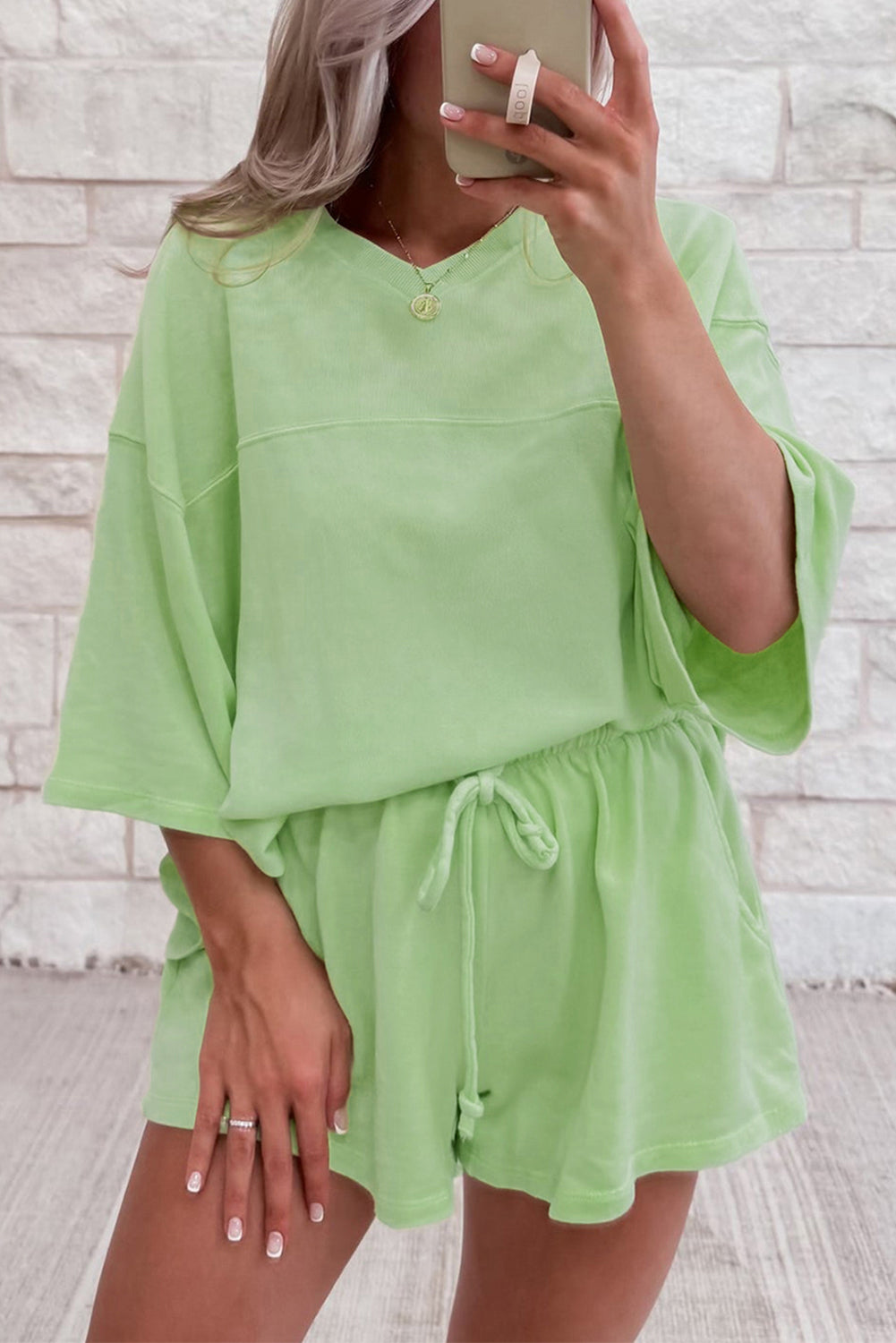 Sea Green Loose V Neck Tee and Drawstring Shorts Set