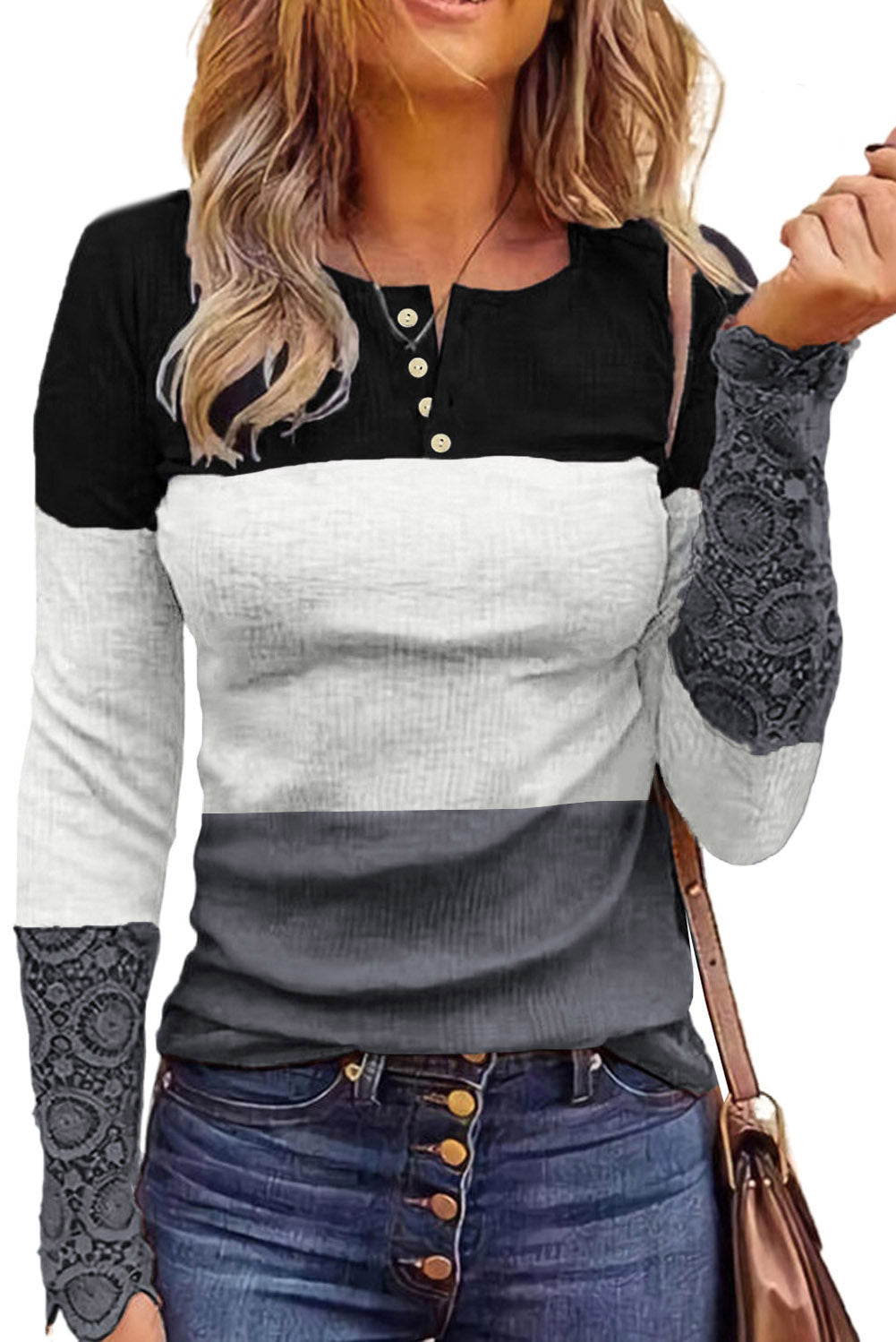 Camisa henley con mangas de crochet y encaje acanalado con bloques de color para mujer