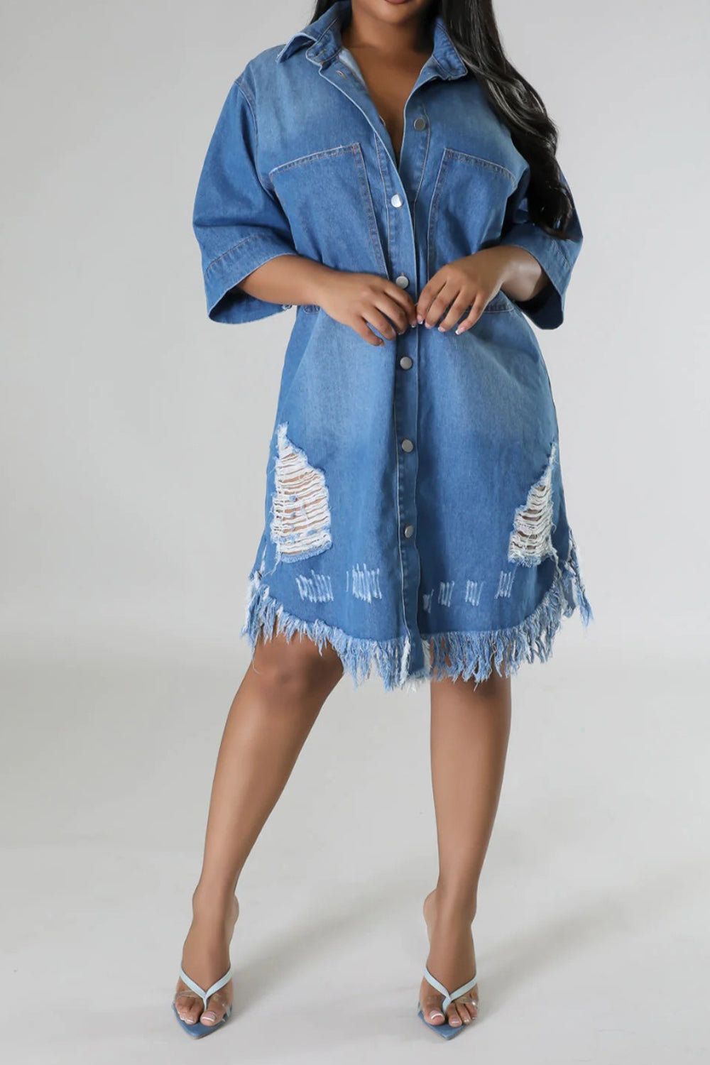 Distressed Raw Hem Button Up Denim Dress | S - 2XL | 2 COLORS