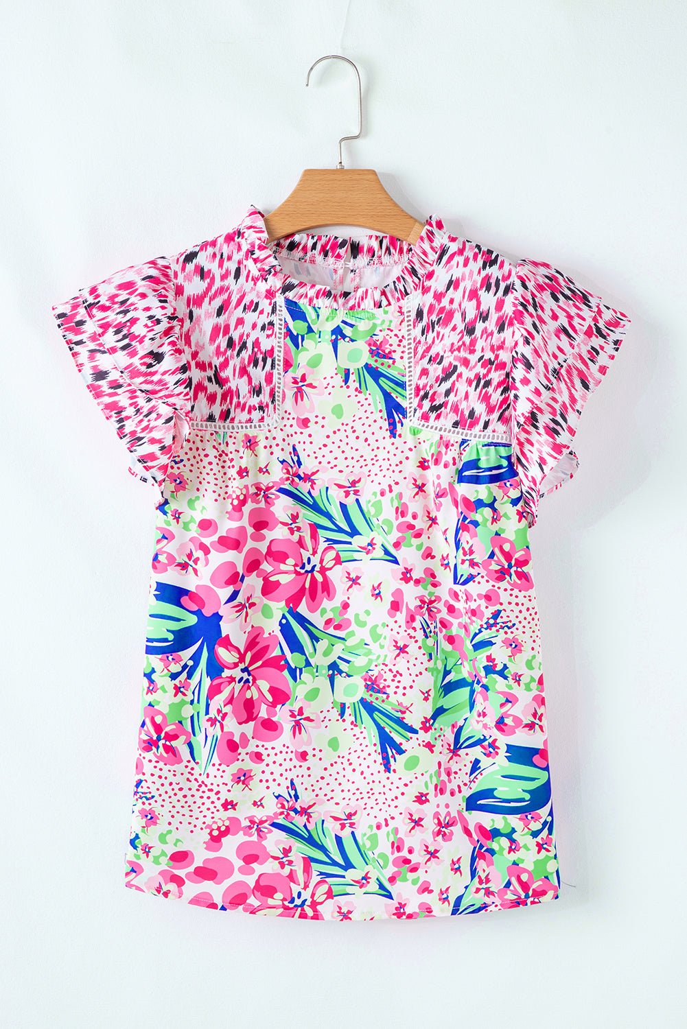 Red Floral Mixed Print Ruffle Cap Sleeve Blouse