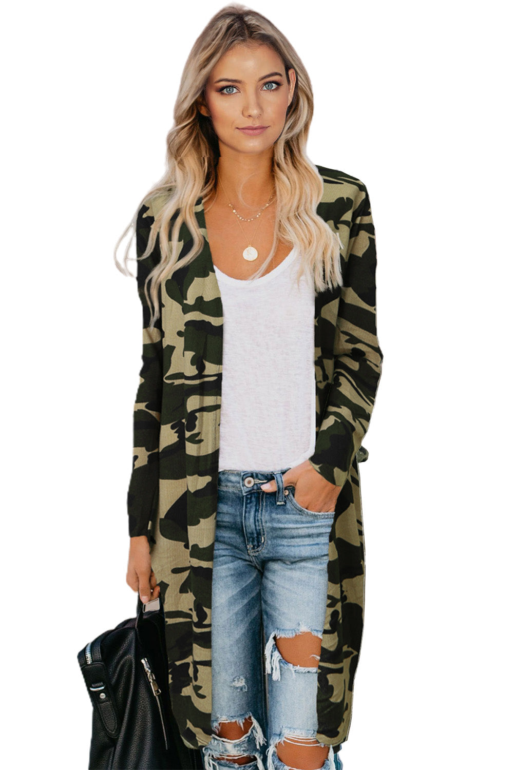 Green Camo Print Long Cardigan