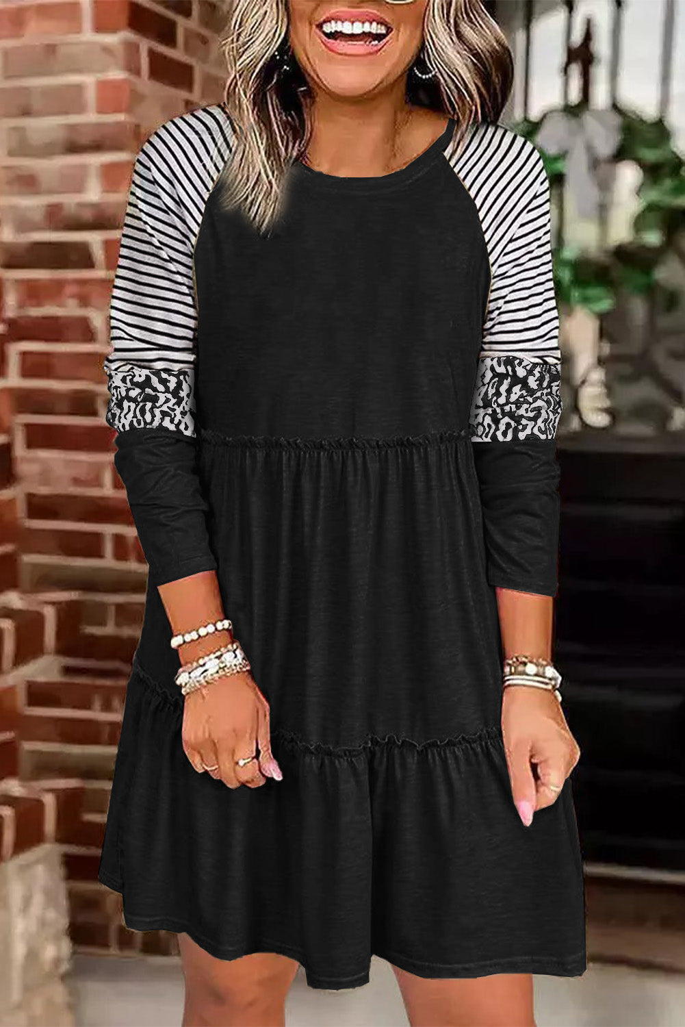 Black Striped Leopard Patchwork Pleated Long Sleeve Dress