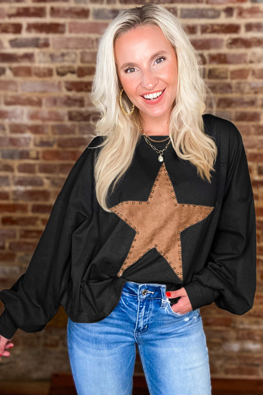 Black Studded Star Oversized Top