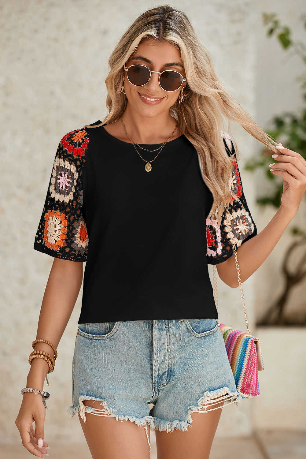 Turquoise Boho Hollowed Floral Crochet Sleeve T Shirt