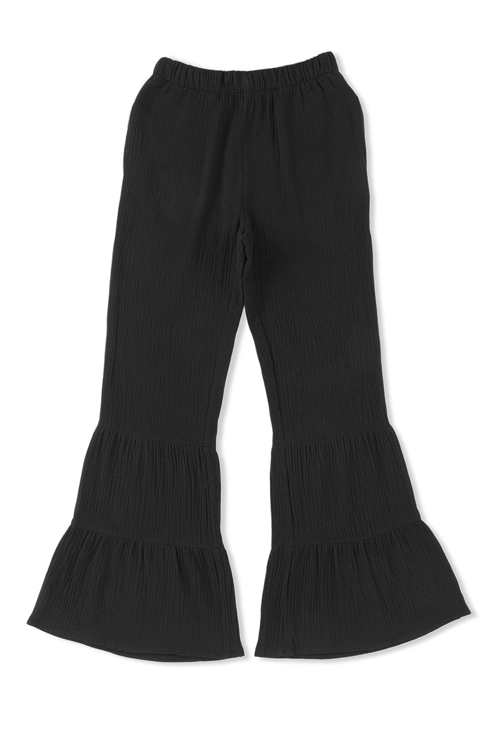 Plain Cotton Tiered Ruffle Flare High Waisted Pants