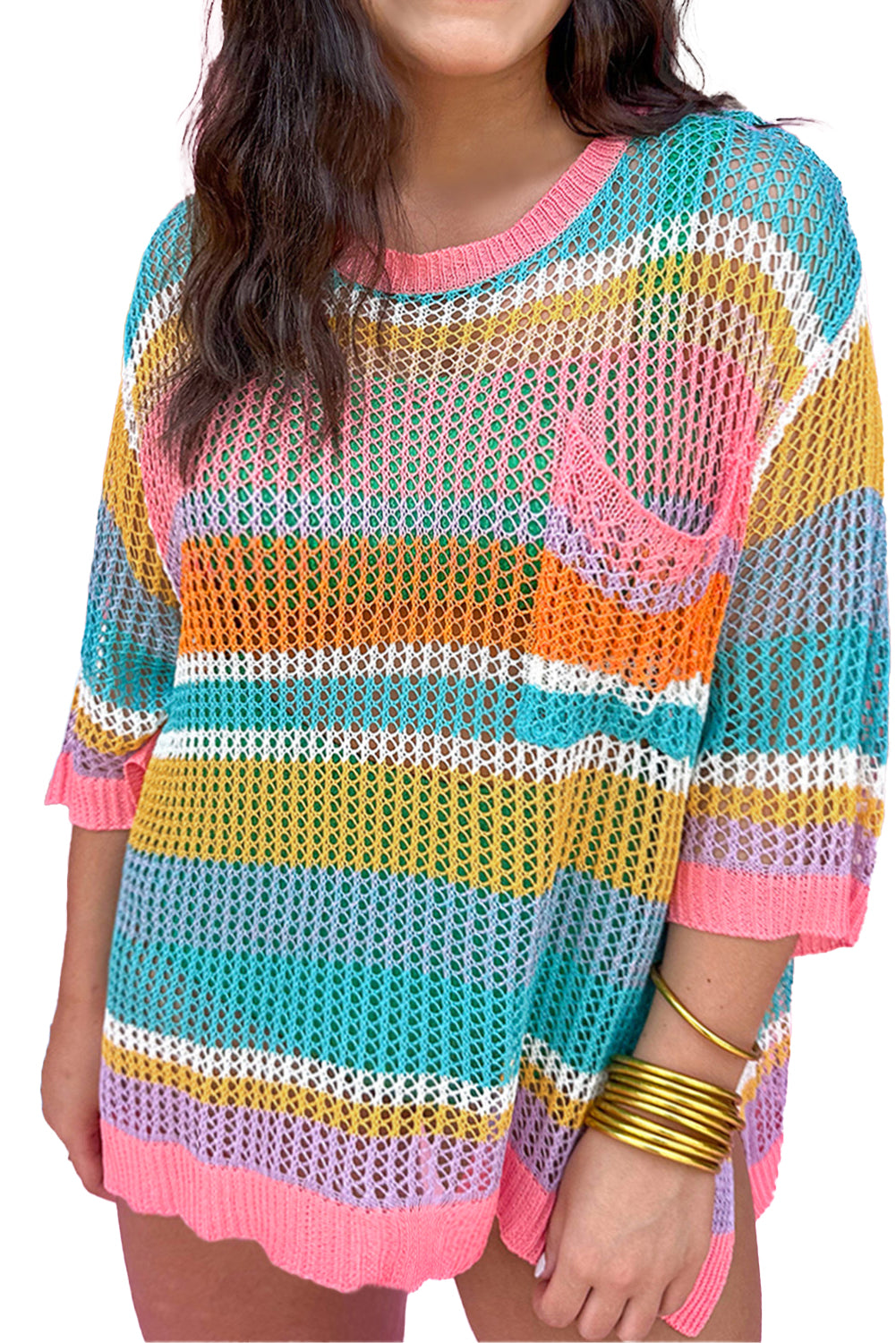 Pink Stripe Plus Size Patch Pocket Hollow Knit Top