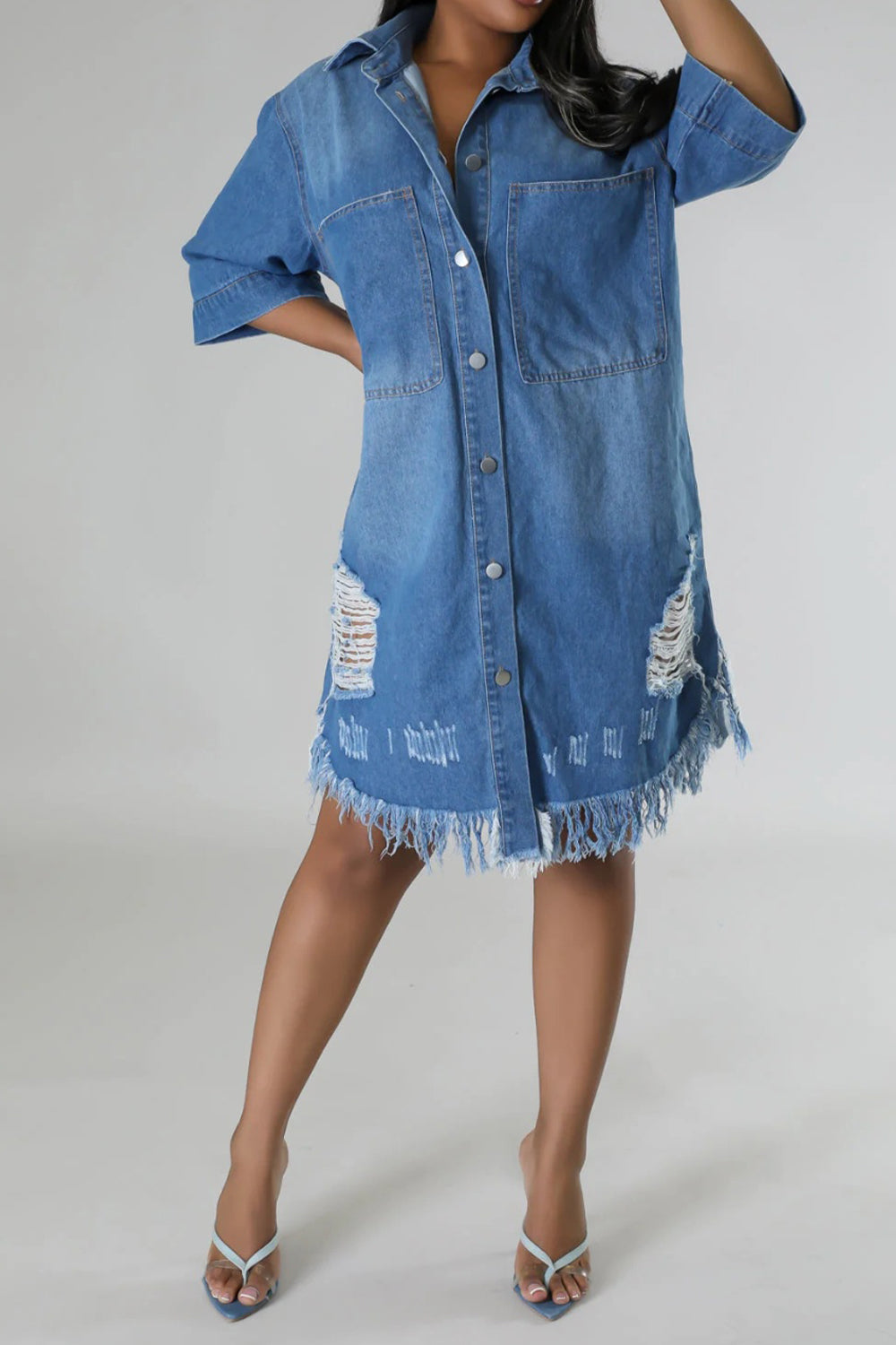 Distressed Raw Hem Button Up Denim Dress | S - 2XL | 2 COLORS