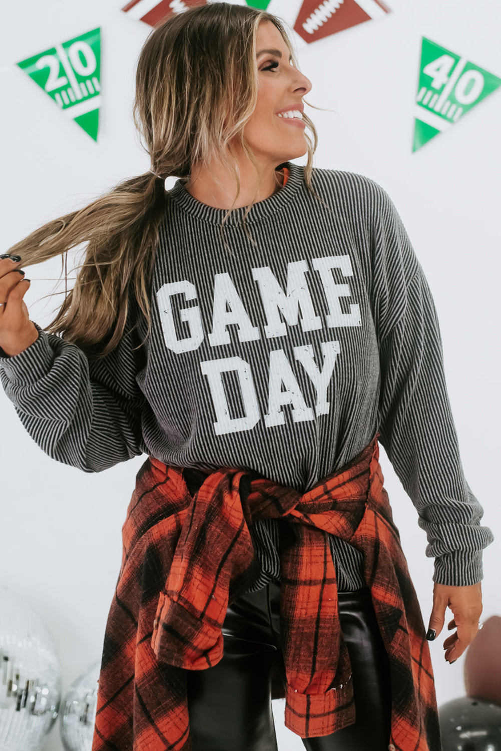 Dark Grey Corded GAME DAY Long Sleeve Crewneck Top