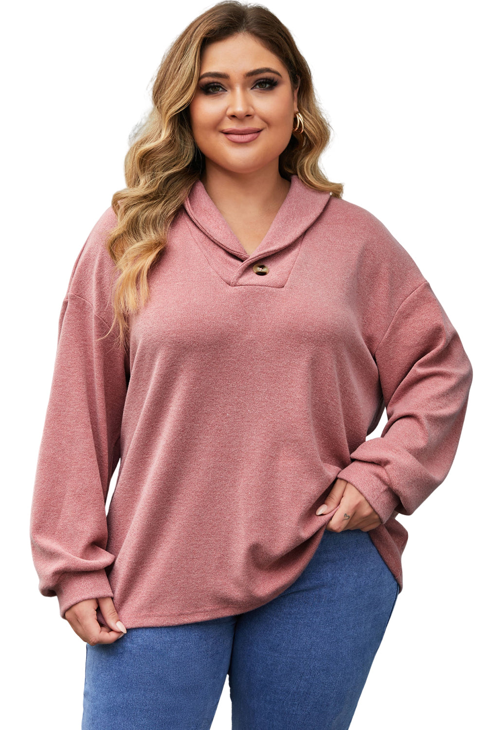 Blusa abotonada con cuello en V y manga larga en talla grande de color rosa 